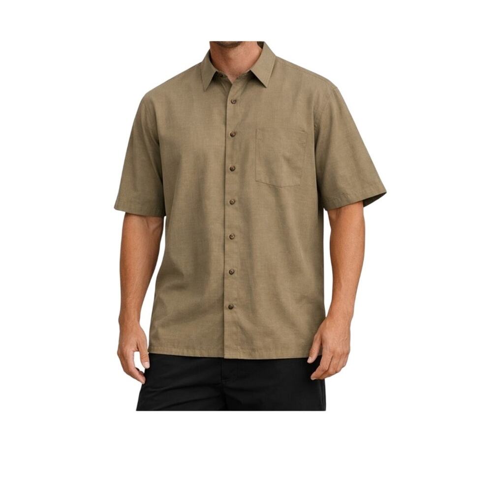 Mens Short Sleeve Button Up Shirt Tan Collar Pocket Prep Business Casual Size L